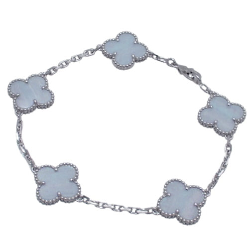 Vintage Alhambra Bracelet with 5 Chalcedony Motifs, 18K White Gold (VCARD34700), Clover Motif, and WG.