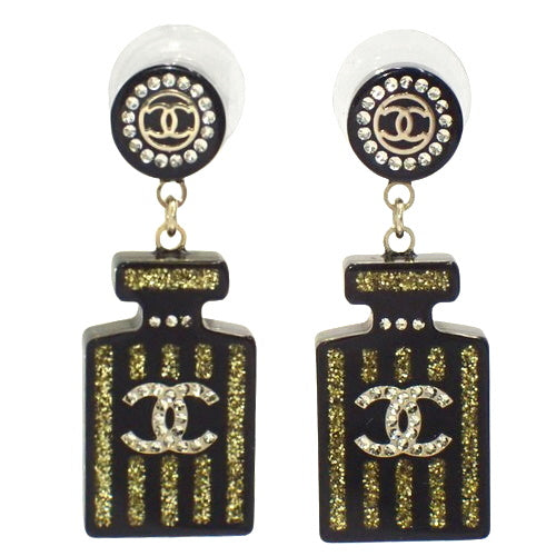 Coco Mark Perfume Bottle Earrings, Plastic, Metal (GP), Rhinestones, Accessories, Jewelry, Perfume Motif, Glitter