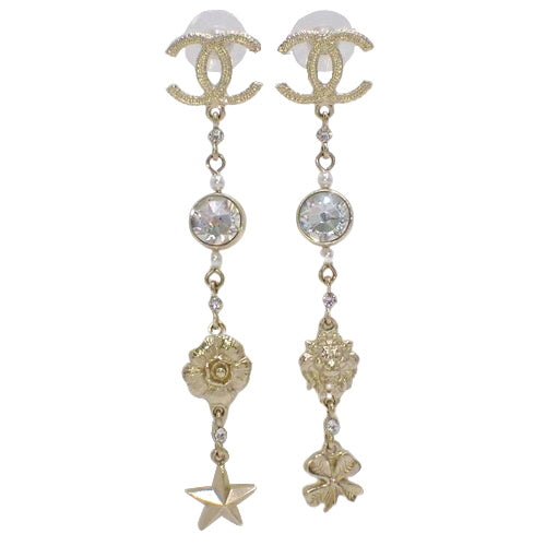 Coco Mark Long Designer Earrings, Metal (GP), Rhinestones, Faux Pearls, Dangles, Lion, Clover, Star