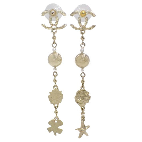 Coco Mark Long Designer Earrings, Metal (GP), Rhinestones, Faux Pearls, Dangles, Lion, Clover, Star