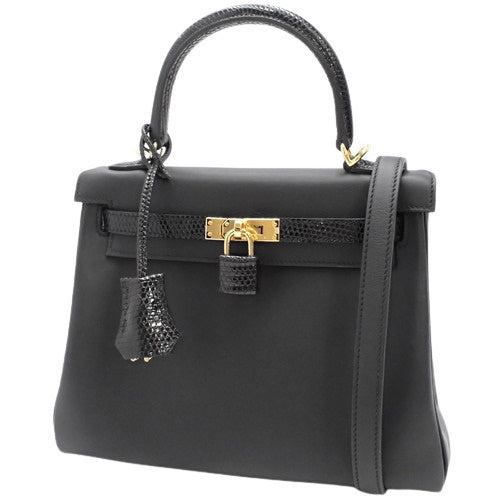 Kelly 25 Touch (Exterior Stitched) Voe Swift Lizard Leather, Black, Gold Hardware, B Stamp