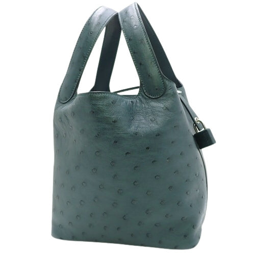 Picotin Lock PM Vert Cypress Ostrich Tote Bag with Palladium and Silver Hardware, Z Stamp, Size 18