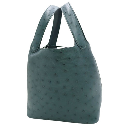Picotin Lock PM Vert Cypress Ostrich Tote Bag with Palladium and Silver Hardware, Z Stamp, Size 18