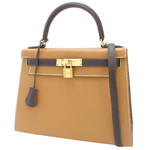 Kelly 28 (Exterior Stitched) Epsom Calfskin, Gold, Chocolate, Gold Hardware, X Stamp