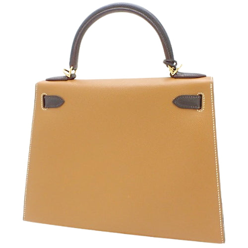 Kelly 28 (Exterior Stitched) Epsom Calfskin, Gold, Chocolate, Gold Hardware, X Stamp