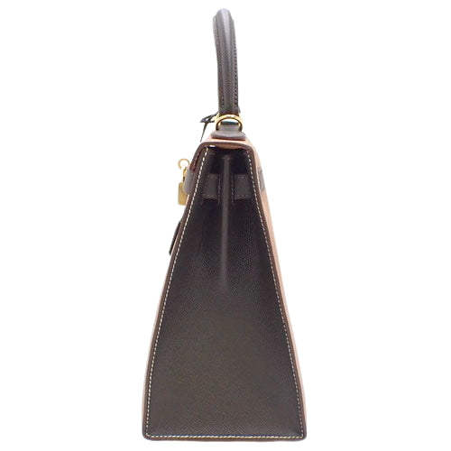 Kelly 28 (Exterior Stitched) Epsom Calfskin, Gold, Chocolate, Gold Hardware, X Stamp