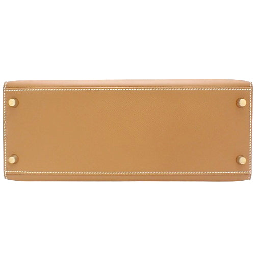 Kelly 28 (Exterior Stitched) Epsom Calfskin, Gold, Chocolate, Gold Hardware, X Stamp