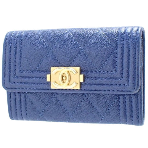 Boy Chanel Coco Mark Card Holder, Caviar Skin, Blue, A80603, Business Card Holder, Pass Case, ID Holder