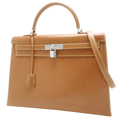 Kelly 35 (Exterior Stitched) Rissé, Palladium Hardware, Noisette, Silver Hardware, □G Stamp