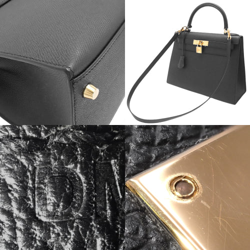 Kelly 28 (Exterior Stitched) Epsom Calfskin Leather, Black, Gold Hardware, D Stamp