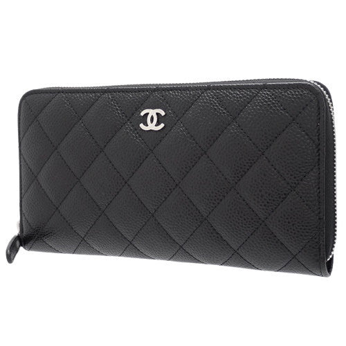 Matelasse Coco Mark Classic Long Wallet, Caviar Skin, Black, A50097, Round Zipper