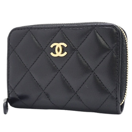 Matelasse Coco Mark Zip Coin Purse, Lambskin, Black, Round Zipper Mini Wallet