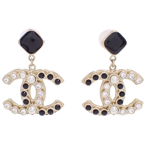 Coco Mark Swing Earrings, Metal (GP), Faux Pearl and Rhinestone, Accessory, Jewelry, Dangle