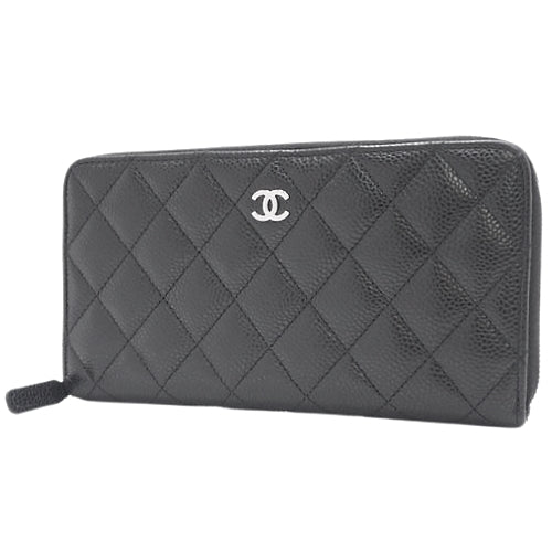 Matelasse Coco Mark Round-Zip Long Wallet, Matte Caviar Skin, Black, AP0242, Zip-Around
