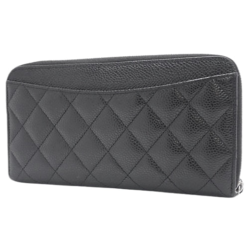Matelasse Coco Mark Round-Zip Long Wallet, Matte Caviar Skin, Black, AP0242, Zip-Around