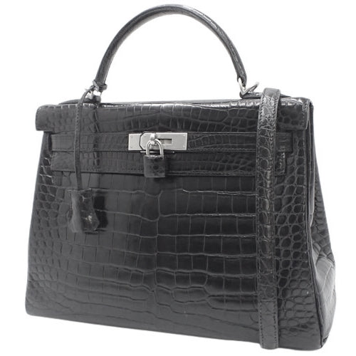 Kelly 32 (inner-stitched) Porosus matte crocodile, palladium hardware, black, matte silver hardware, □E stamp.