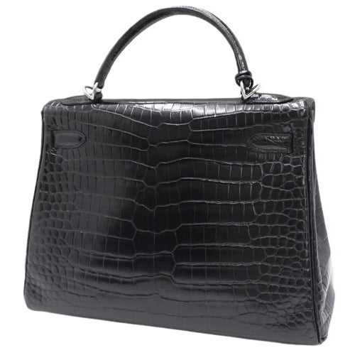 Kelly 32 (inner-stitched) Porosus matte crocodile, palladium hardware, black, matte silver hardware, □E stamp.