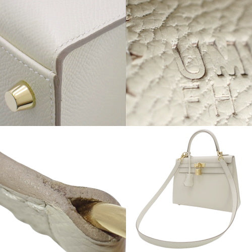 Kelly 25 (Exterior Stitched) Voe Epsom Leather, Cre color, Gold Hardware, U stamp.