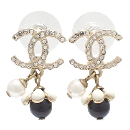Coco Mark swing earrings, metal (GP), rhinestones, faux pearls, accessories, jewelry, dangle, flower motif