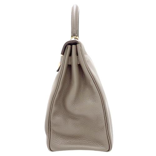 Kelly 35 (with internal stitching), Toray Clemence leather, Etoupe color, gold hardware, X stamp.