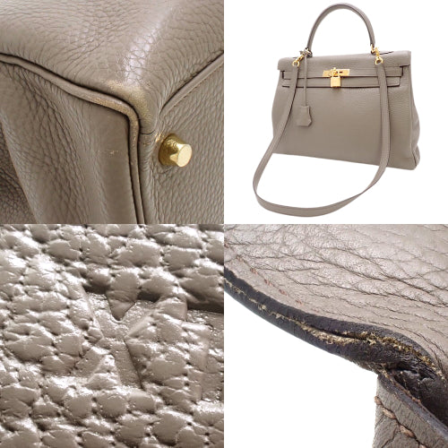 Kelly 35 (with internal stitching), Toray Clemence leather, Etoupe color, gold hardware, X stamp.