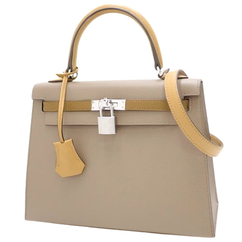 Kelly 25 (Exterior Stitched) Tricolor, Epsom Calfskin, Palladium Hardware, Etoupe/Etoupe, Alzane, Biscuit, Silver Hardware, U Stamp.