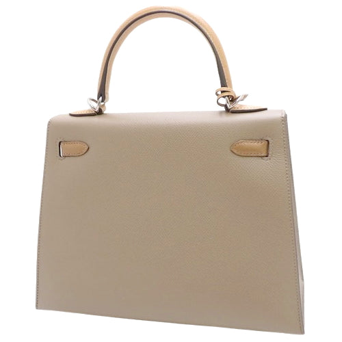 Kelly 25 (Exterior Stitched) Tricolor, Epsom Calfskin, Palladium Hardware, Etoupe/Etoupe, Alzane, Biscuit, Silver Hardware, U Stamp.