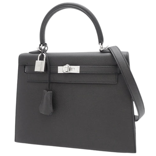 [New] Kelly 25 (Exterior Stitched) Epsom Calfskin, Palladium Hardware, Black, Silver Hardware, W Stamp