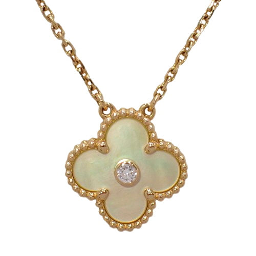 Vintage Alhambra Necklace with Diamond and Golden Shell, ARP2R700, 18K Yellow Gold (YG), 1 Piece, Clover Design, 2018 Christmas Limited Edition, with Warranty.