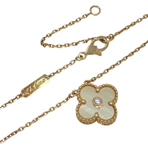 Vintage Alhambra Necklace with Diamond and Golden Shell, ARP2R700, 18K Yellow Gold (YG), 1 Piece, Clover Design, 2018 Christmas Limited Edition, with Warranty.