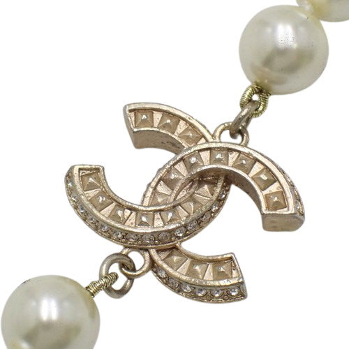 Coco Mark Pearl Long Necklace, Metal (GP), Faux Pearl, Rhinestone, Accessory, Jewelry
