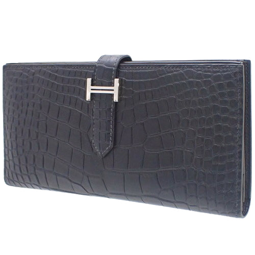 Bearn Souffle Blue Marine Alligator Matte Crocodile Leather Palladium Hardware Silver Hardware Y Stamp Long Wallet Bifold