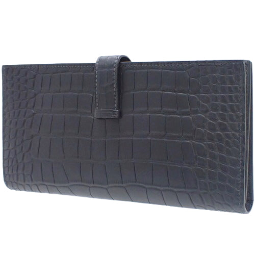 Bearn Souffle Blue Marine Alligator Matte Crocodile Leather Palladium Hardware Silver Hardware Y Stamp Long Wallet Bifold