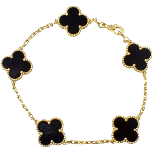 Vintage Alhambra Bracelet, 5-motif, onyx, yellow gold (K18YG), accessory, jewelry, flower, clover motif.
