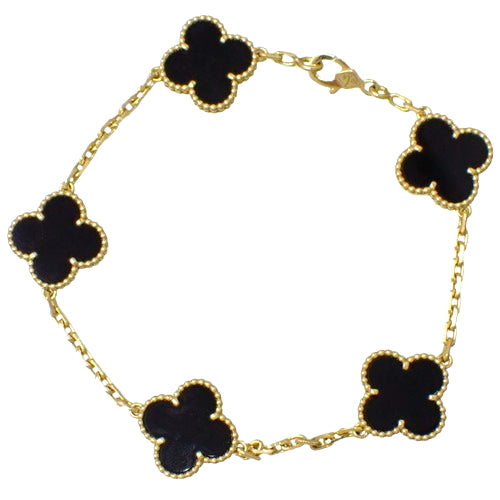 Vintage Alhambra Bracelet, 5-motif, onyx, yellow gold (K18YG), accessory, jewelry, flower, clover motif.
