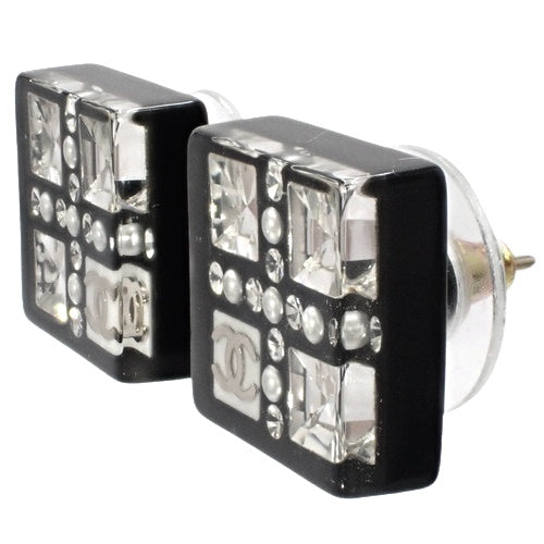Coco Mark Square Rhinestone Earrings, Plastic &amp; Metal (GP), Fake Pearl, Accessory, Jewelry