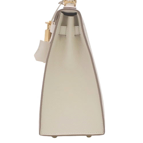[Unused] Kelly 25 (Exterior Stitched) Epsom Calfskin Leather, Cre (White) with Gold Hardware, W stamped.