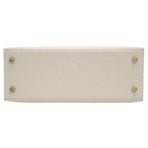 [Unused] Kelly 25 (Exterior Stitched) Epsom Calfskin Leather, Cre (White) with Gold Hardware, W stamped.