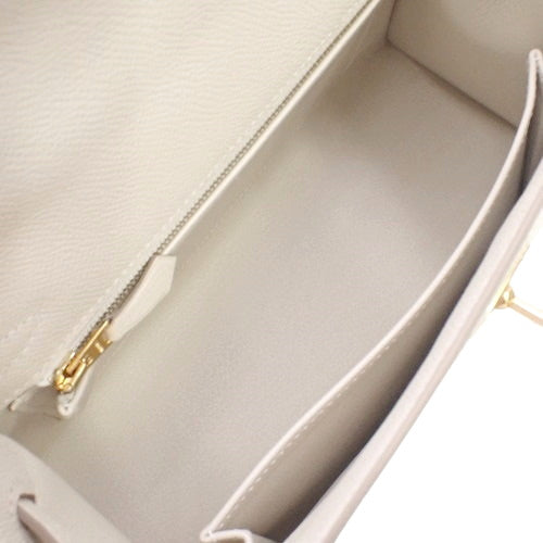 [Unused] Kelly 25 (Exterior Stitched) Epsom Calfskin Leather, Cre (White) with Gold Hardware, W stamped.