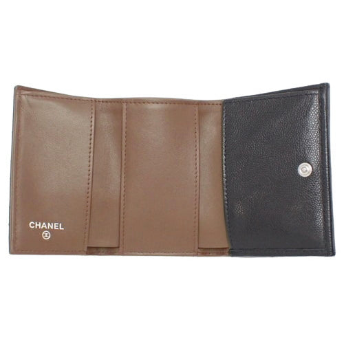 Matelasse Coco Mark Tri-Fold Wallet, Caviar Skin, Black, A84401, Mini Wallet, 3-Fold