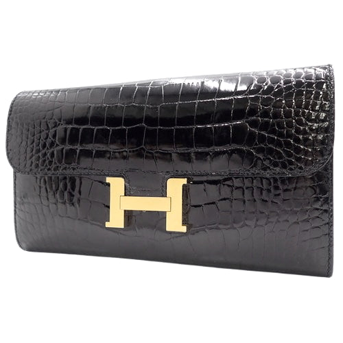 Constance Long Verso Burgundy Alligator and Crocodile Leather Long Wallet with Gold Hardware and A Stamp
