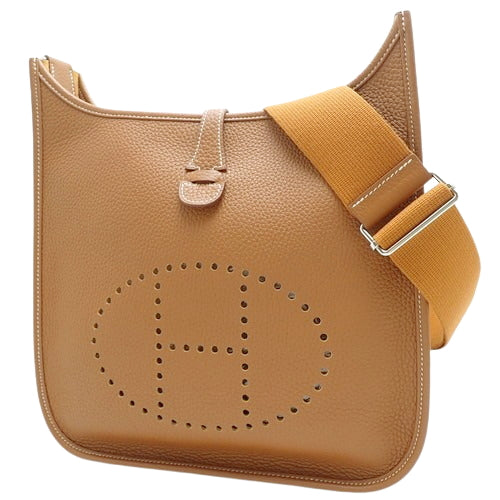 Evelyn 3 PM bag in gold, Taurillon Clemence leather, palladium hardware, silver hardware, B stamp, shoulder or crossbody.