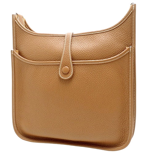 Evelyn 3 PM bag in gold, Taurillon Clemence leather, palladium hardware, silver hardware, B stamp, shoulder or crossbody.