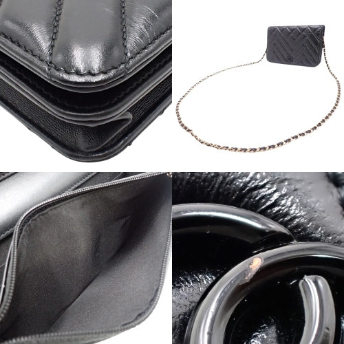 Chevron chain wallet, shoulder or crossbody wallet, Coco mark, V-stitch, matelassé leather