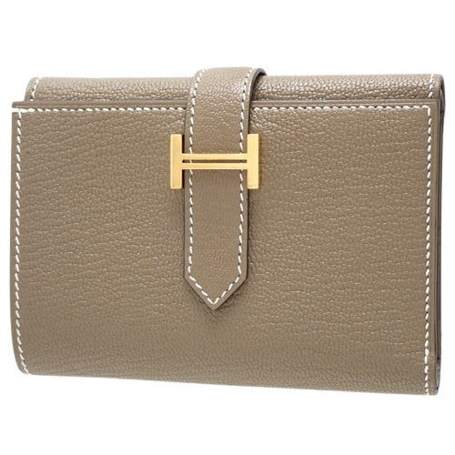Bearn Combination Etoupe/Etoupe Chevre Mysore Tri-Fold Wallet with Gold Hardware and U Stamp