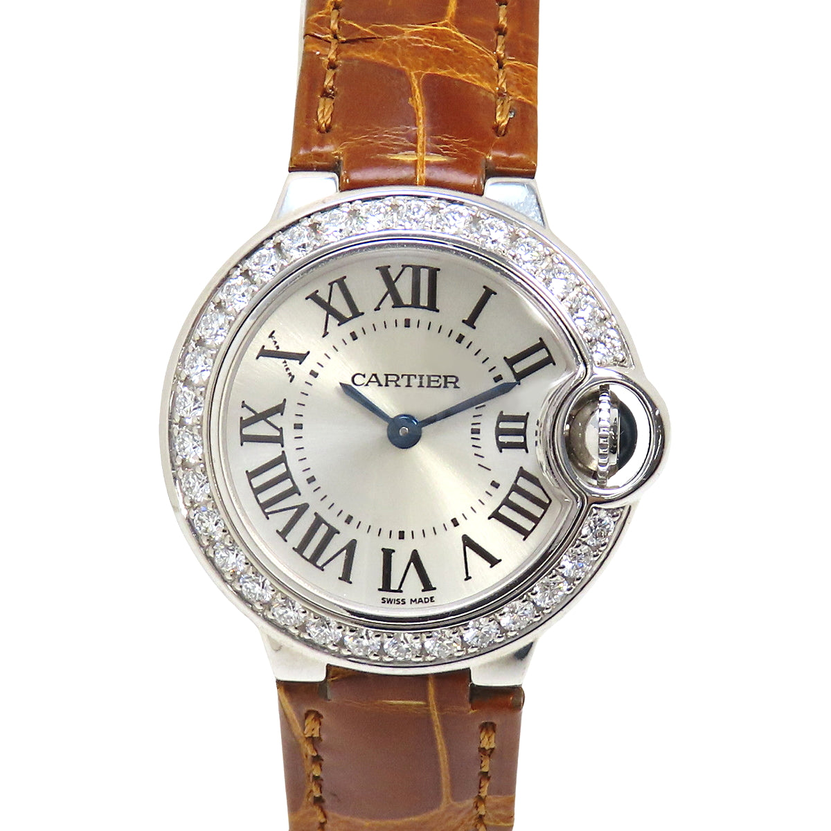 [Warranty included] WE900851 Ballon Bleu SM White Gold/Alligator Quartz Silver Diamond Bezel