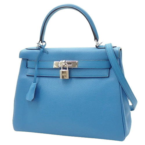 Kelly 28 (inner-stitched) Togo leather, palladium hardware, Bleu Zanzibar, silver hardware, A stamp.