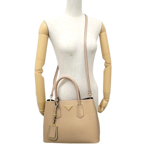 Double Medium Bag, Saffiano Leather, SAFFIANO CUIR CAMMEO/NERO 1BG887, 2-Way (shoulder and crossbody)