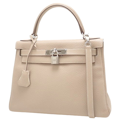 Kelly 28 (inside stitching) Taurillon Clemence leather, palladium hardware, Argile, Q stamp