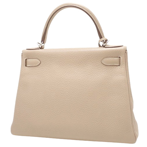Kelly 28 (inside stitching) Taurillon Clemence leather, palladium hardware, Argile, Q stamp
